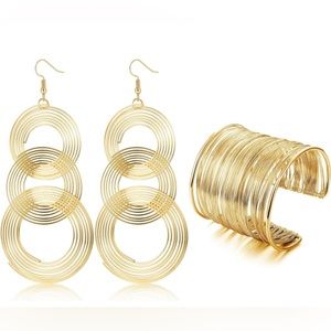70s Disco Set Metal Coil Bracelets Gold Triple Swirl Disco Earrings for Women